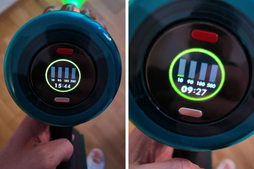 Akkulaufzeit-Vergleich Dyson V16 Piston Animal mit restlicher Laufzeit auf dem Display des Akkustaubsaugers in verschiedenen Modi.